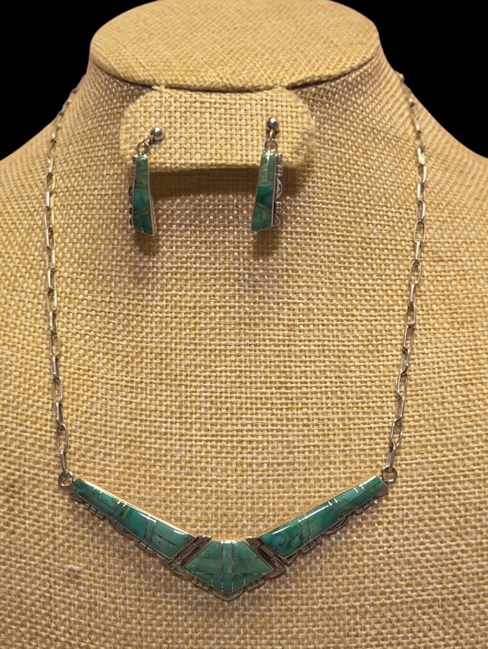 Signed AT Sterling Silver Green Turquoise V-Shape Inlay Necklace Set